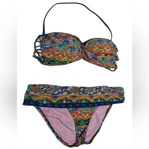 Nanette Lepore Strapless Bikini Boho Multicolor Paisley Print Halter Swimsuit